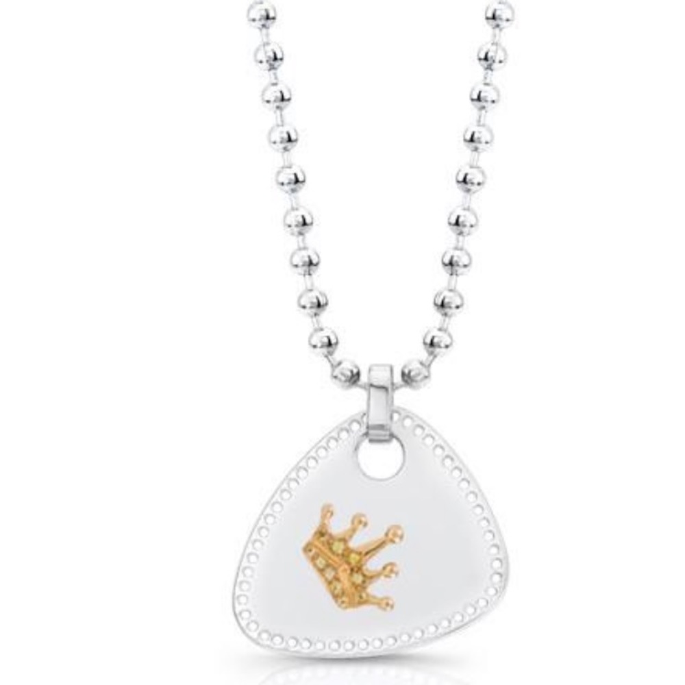 Solid 14 ct white gold crown guitar pick necklace